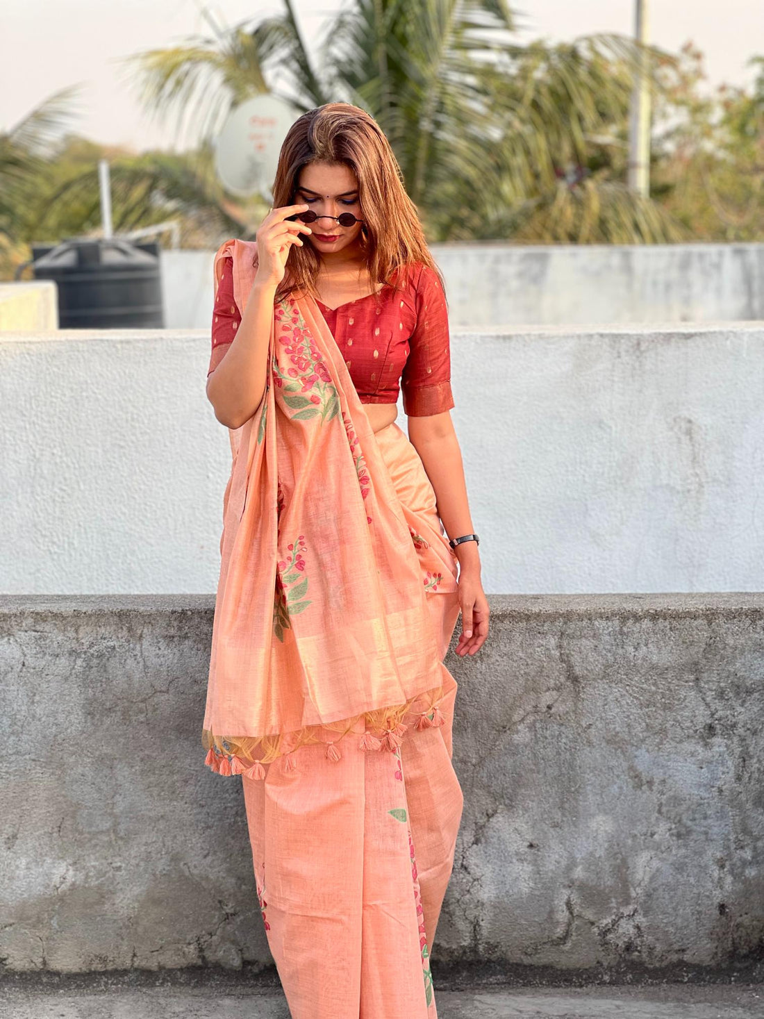 Premium Soft Muga Silk Peach Saree