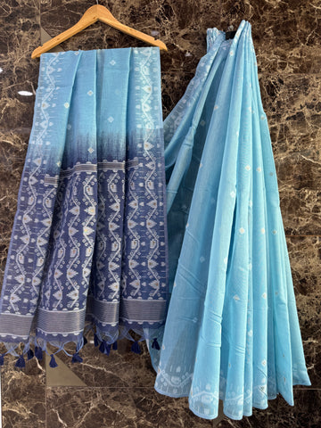Premium Soft Muga Cotton Sky Blue Saree