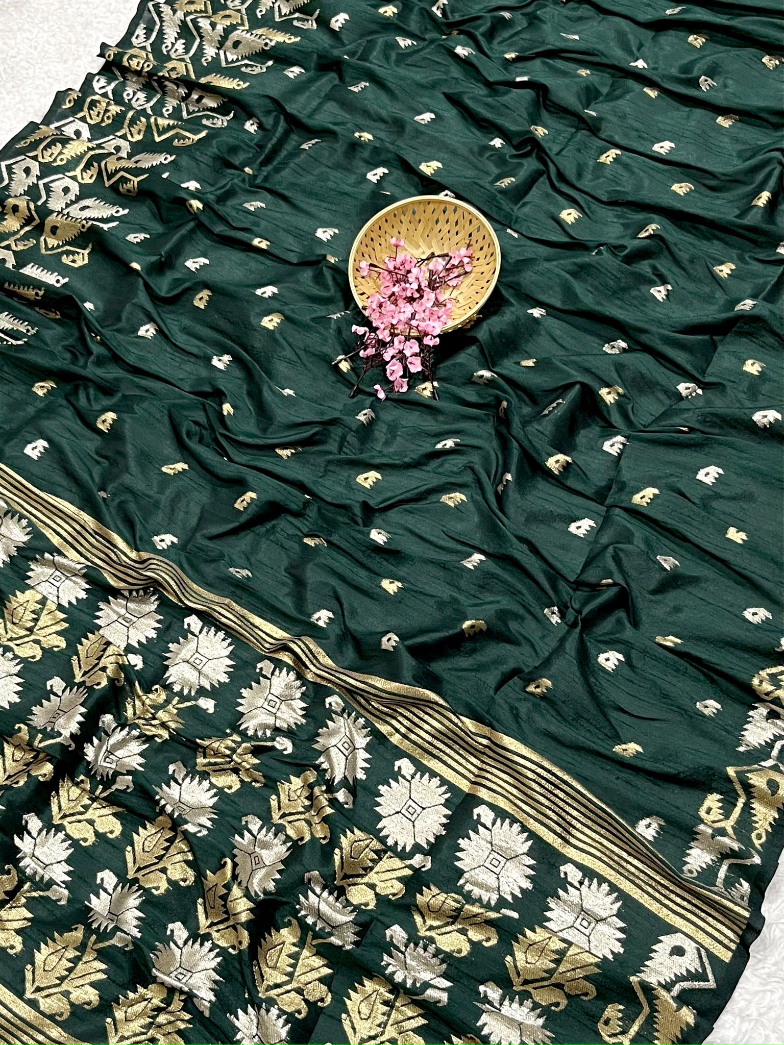 Semi Pure Tussar Silk Weaving Green Saree