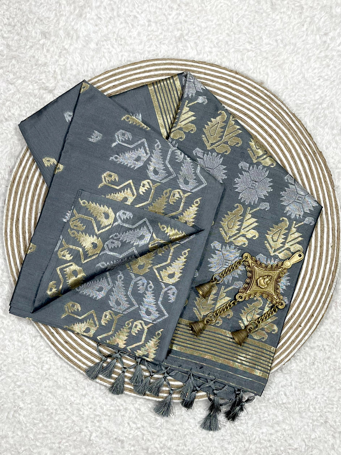 Semi Pure Tussar Silk Weaving Gray Saree