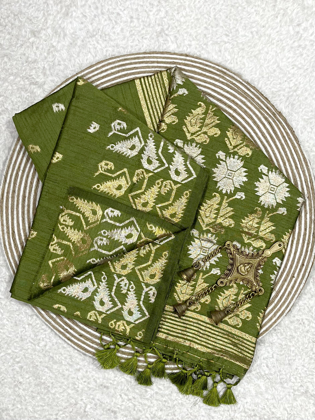 Semi Pure Tussar Silk Weaving Mehendi Green Saree
