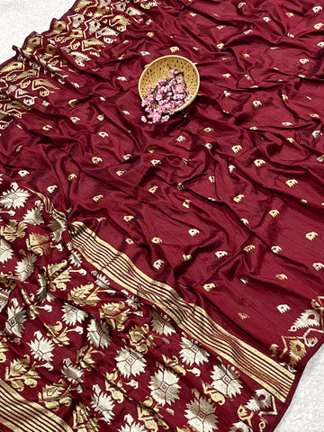 Semi Pure Tussar Silk Weaving Red Saree