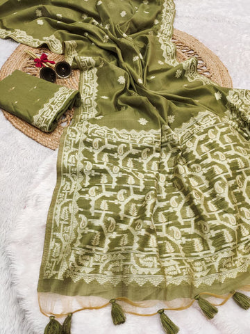 Premium Soft Chanderi cotton Mahendi saree