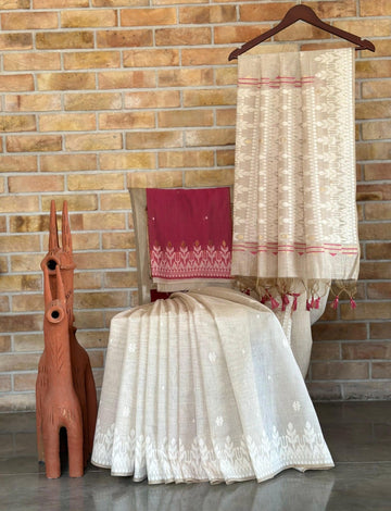Premium Soft Muga Cotton Offwhite-red Saree