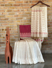 Premium Soft Muga Cotton Offwhite-red Saree