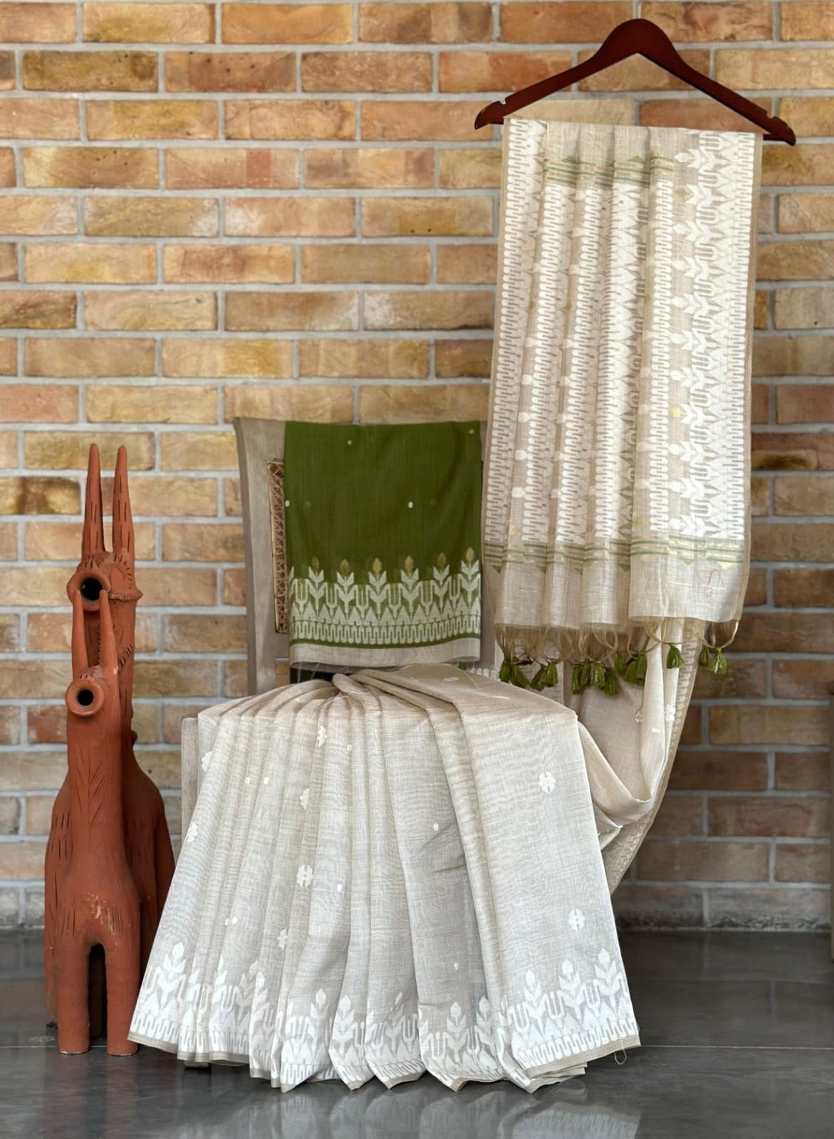 Premium Soft Muga Cotton Offwhite-mehendi Saree