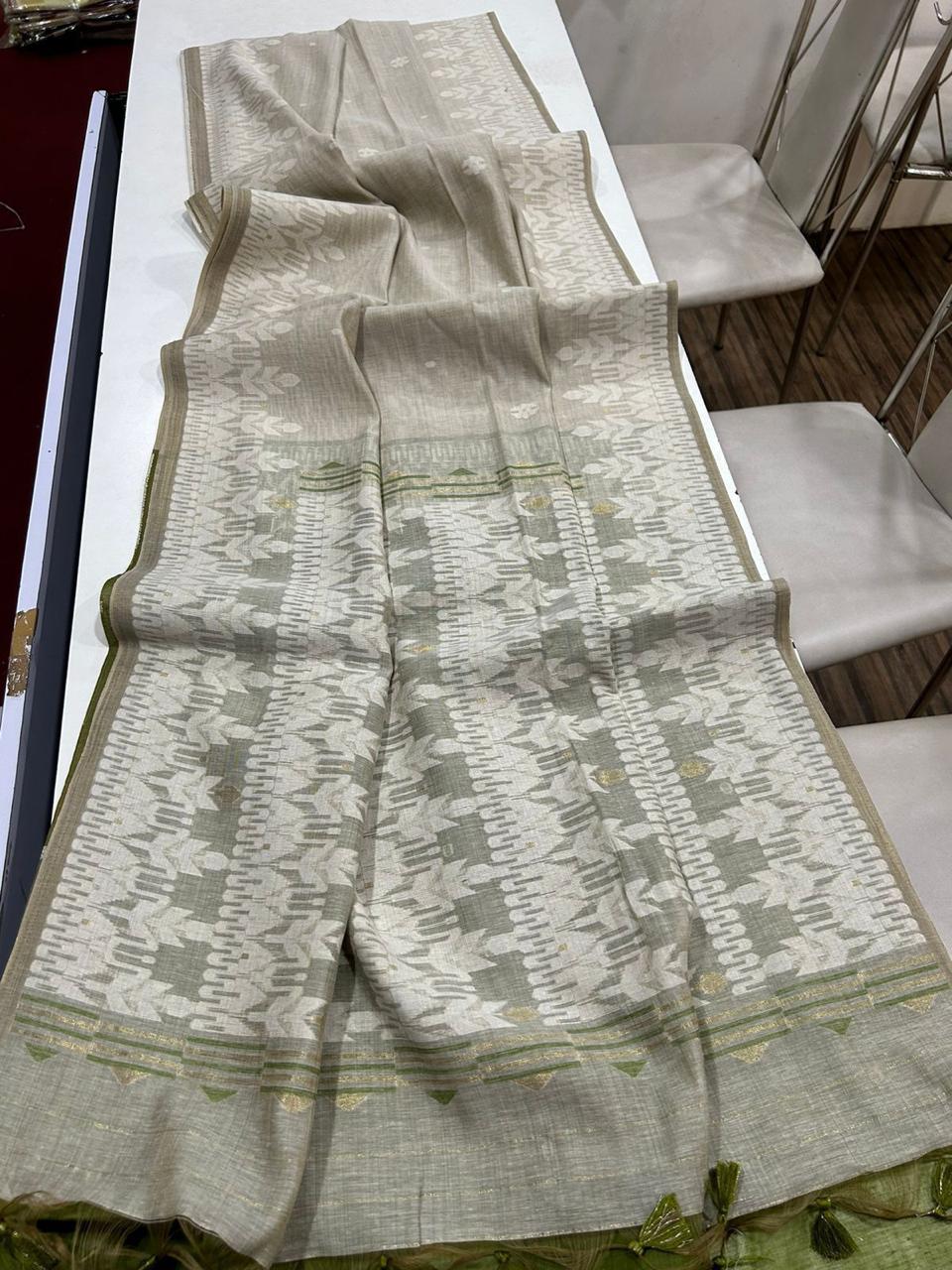 Premium Soft Muga Cotton Offwhite-mehendi Saree