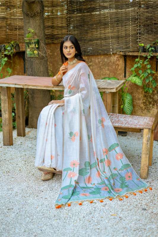 Premium Soft Muga Cotton Saree With Orange  Bloues Piecs