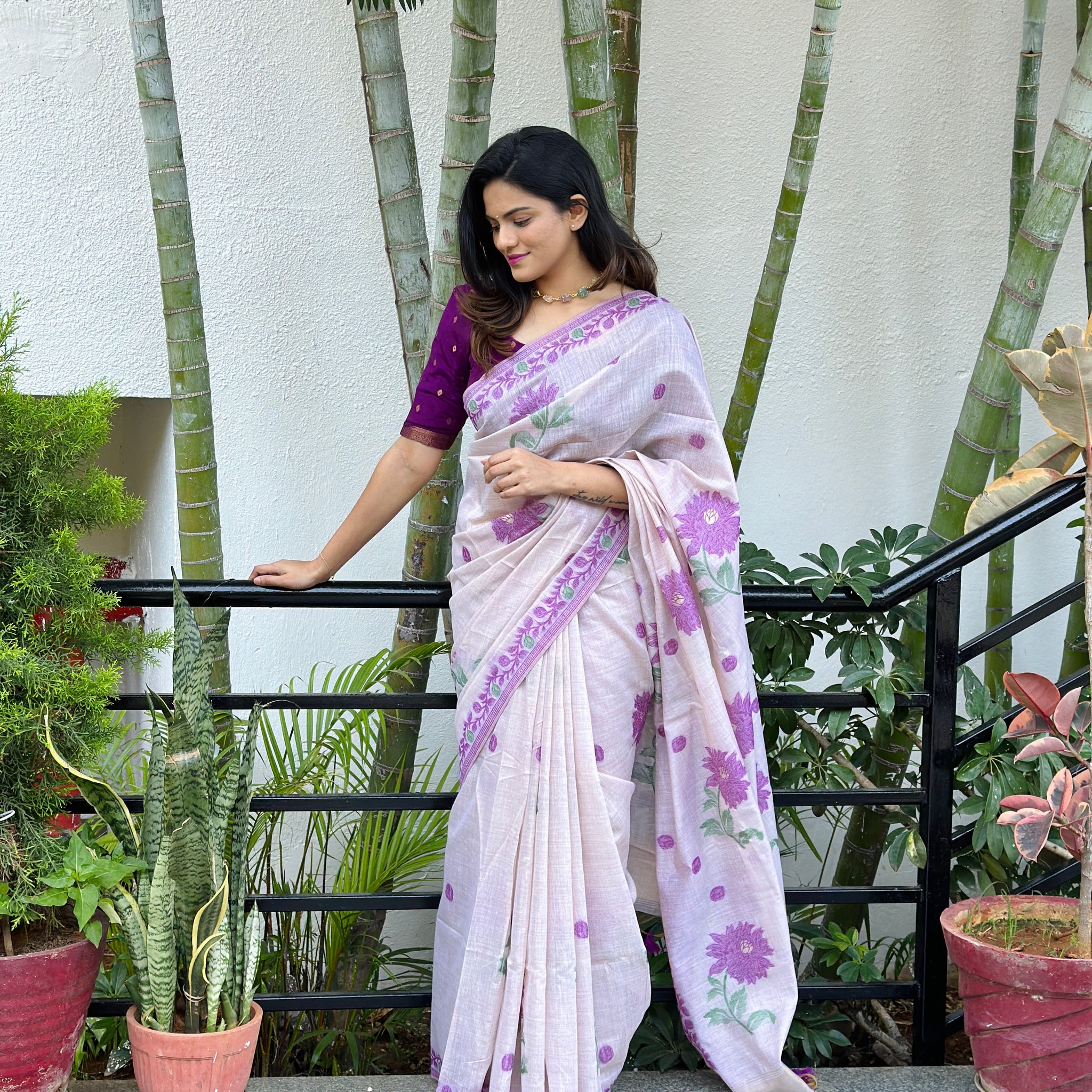 Premium Soft Muga Cotton White & Wine Saree With Blouse Piece
