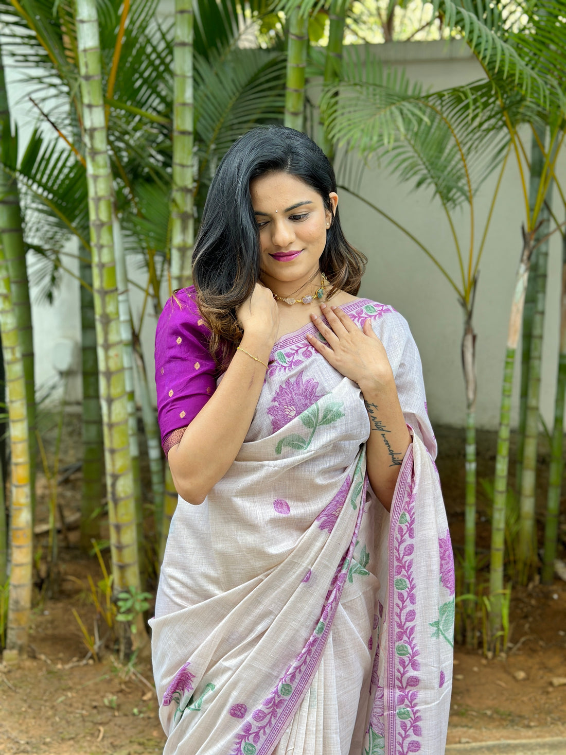 Premium Soft Muga Cotton White & Wine Saree With Blouse Piece