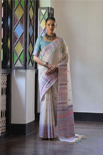 Premium Soft Muga Cotton Saree With Sky Bloues
