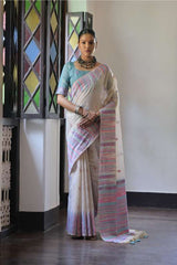 Premium Soft Muga Cotton Saree With Sky Bloues