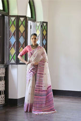 Premium Soft Muga Cotton Pink Saree With Boluse