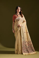 Premium Soft Muga Cotton Cream Saree