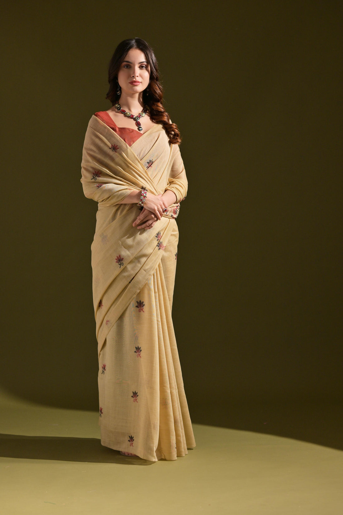 Premium Soft Muga Cotton Cream Saree