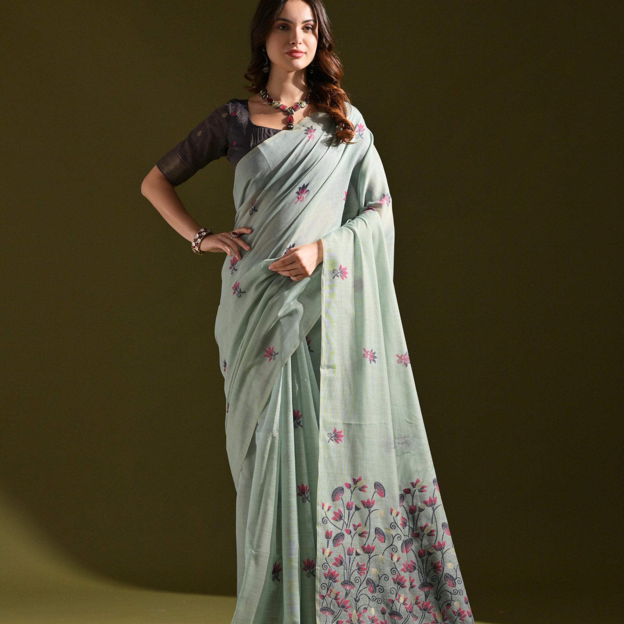 Premium Soft Muga Cotton Firozi Saree