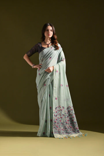 Premium Soft Muga Cotton Firozi Saree