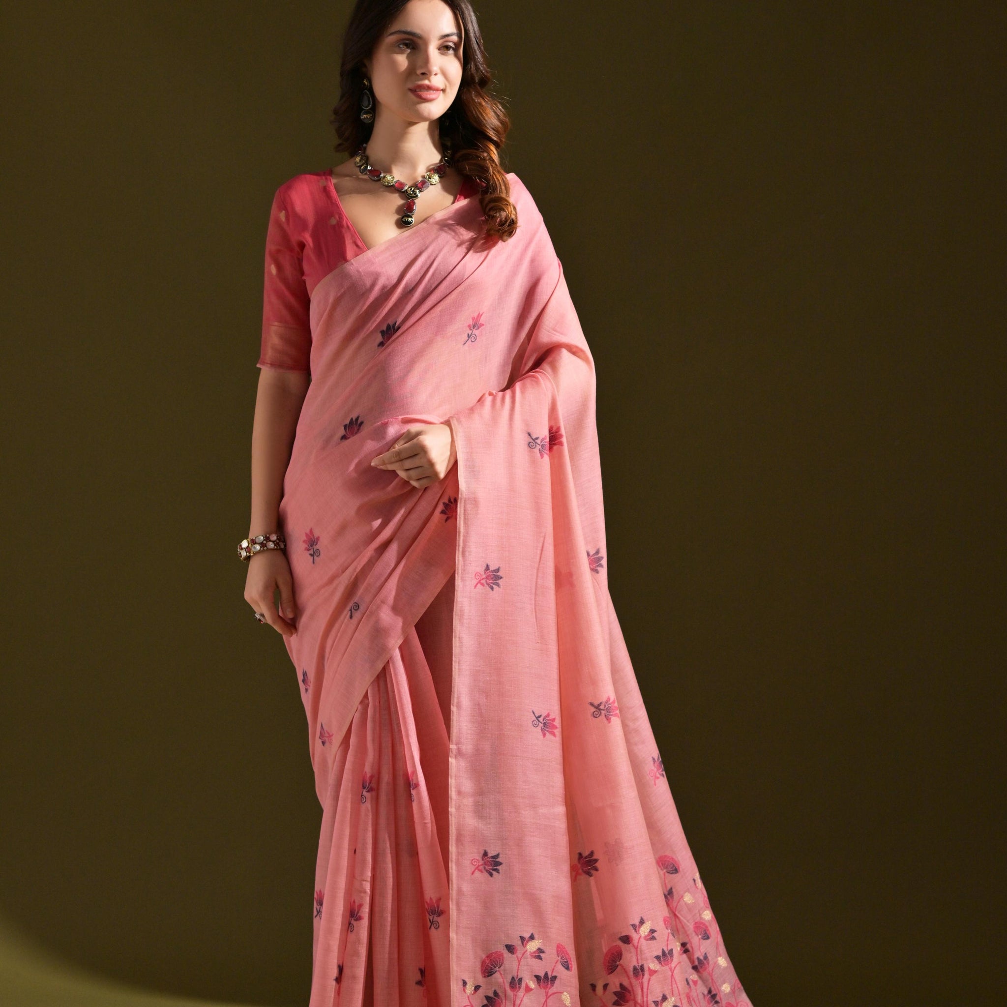 Premium Soft Muga Cotton Pink Saree