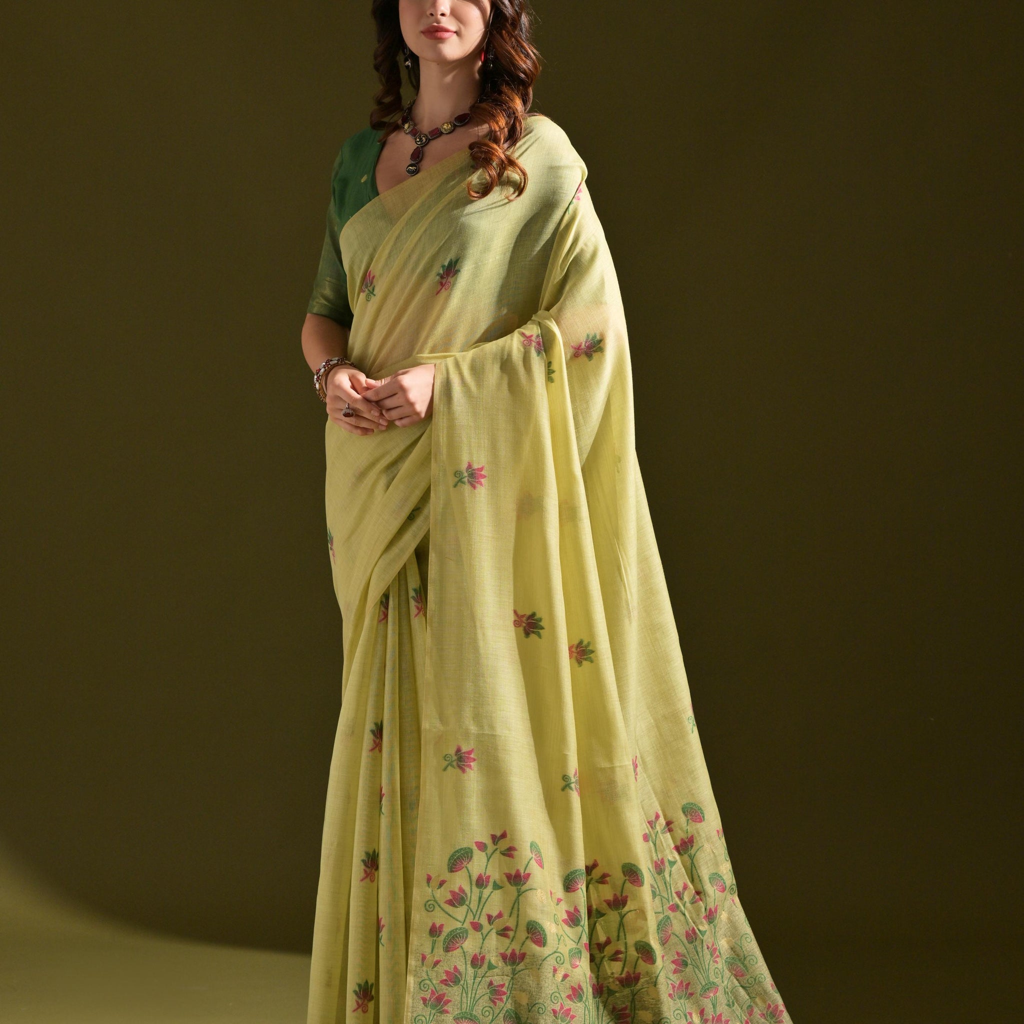 Premium Soft Muga Cotton Pista Saree