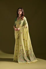 Premium Soft Muga Cotton Pista Saree