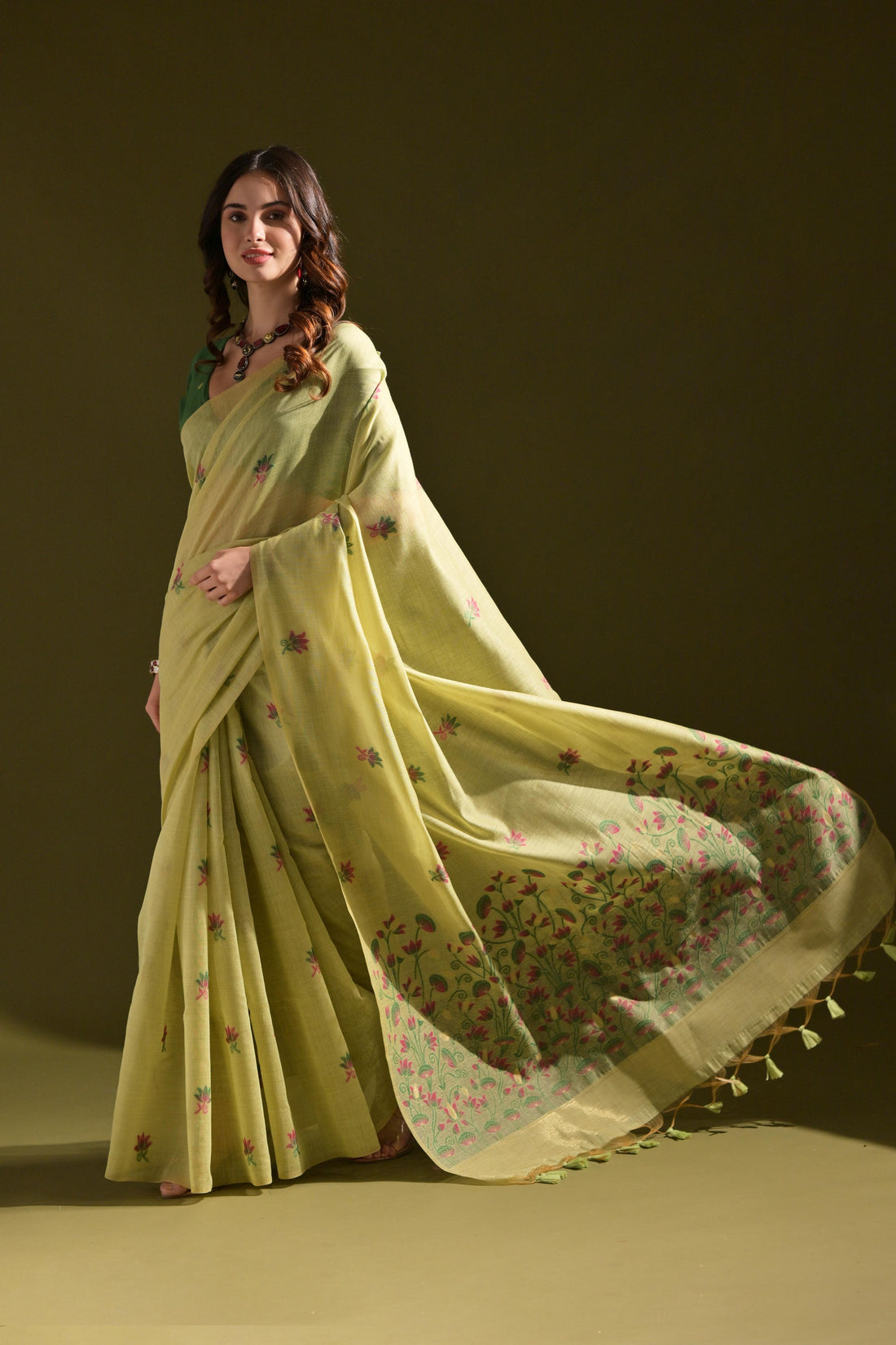 Premium Soft Muga Cotton Pista Saree