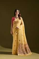 Premium Soft Muga Cotton Yellow Saree