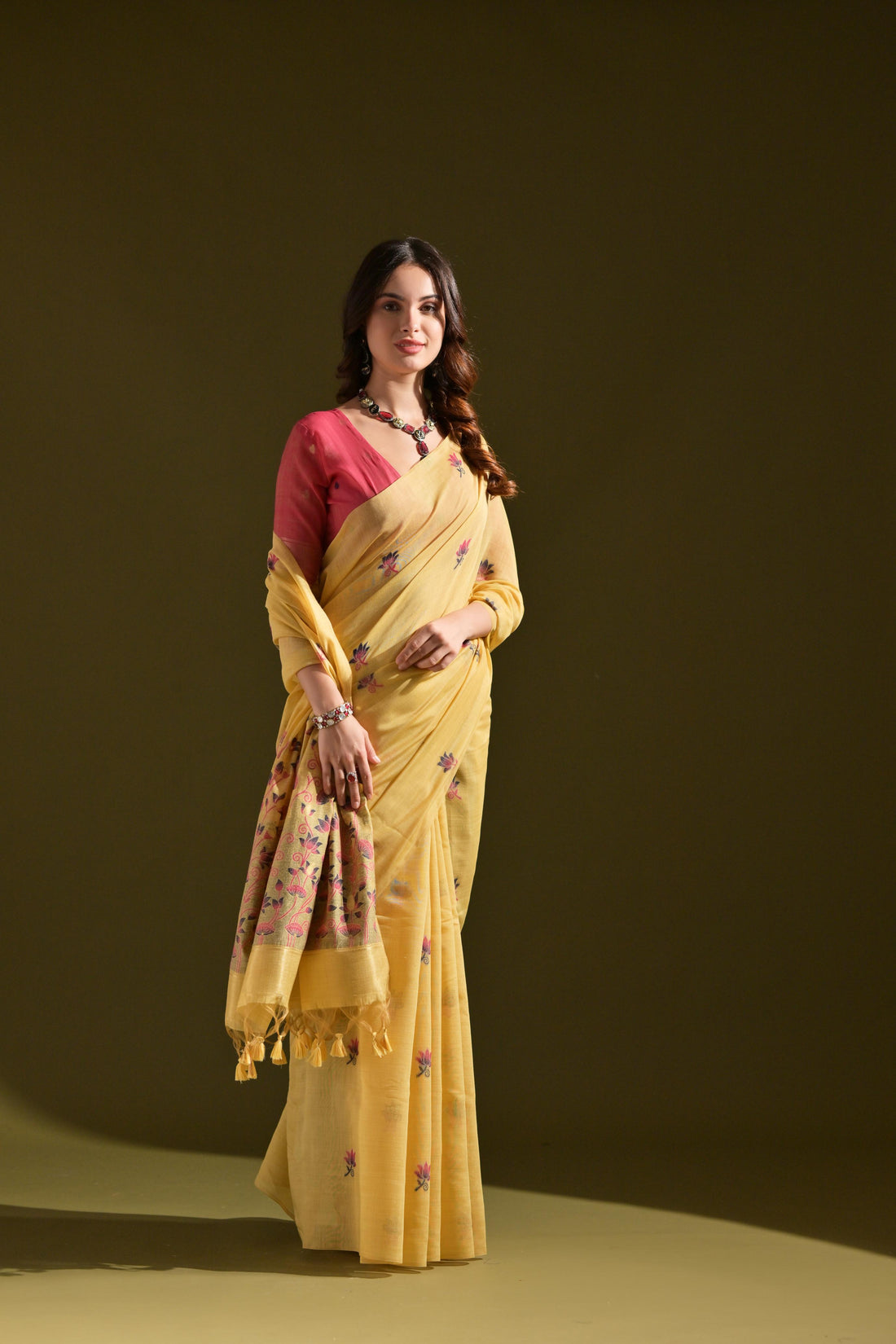 Premium Soft Muga Cotton Yellow Saree
