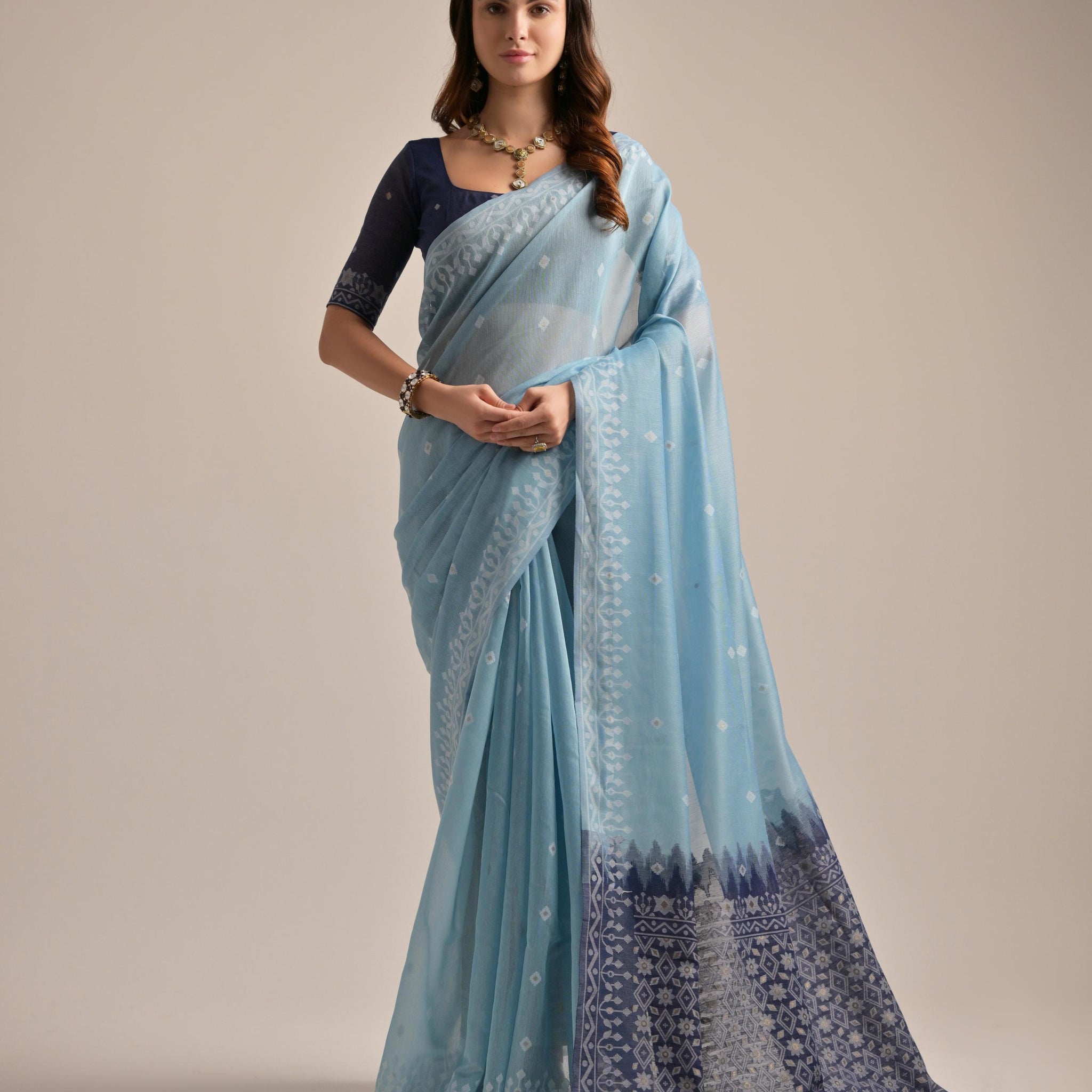 Premium Soft Jamdani Sky Blue Saree With Bloues Piecs