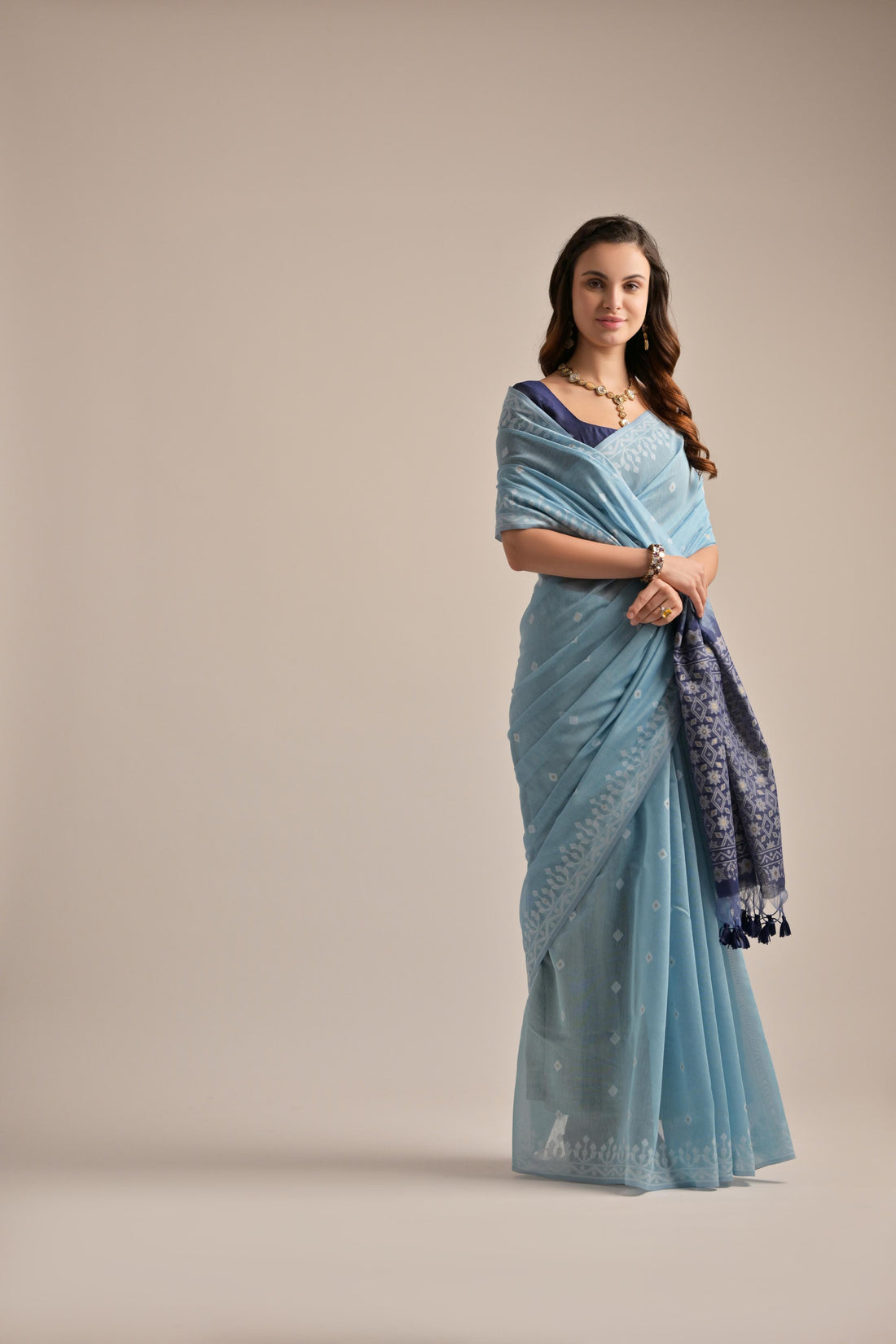 Premium Soft Jamdani Sky Blue Saree With Bloues Piecs