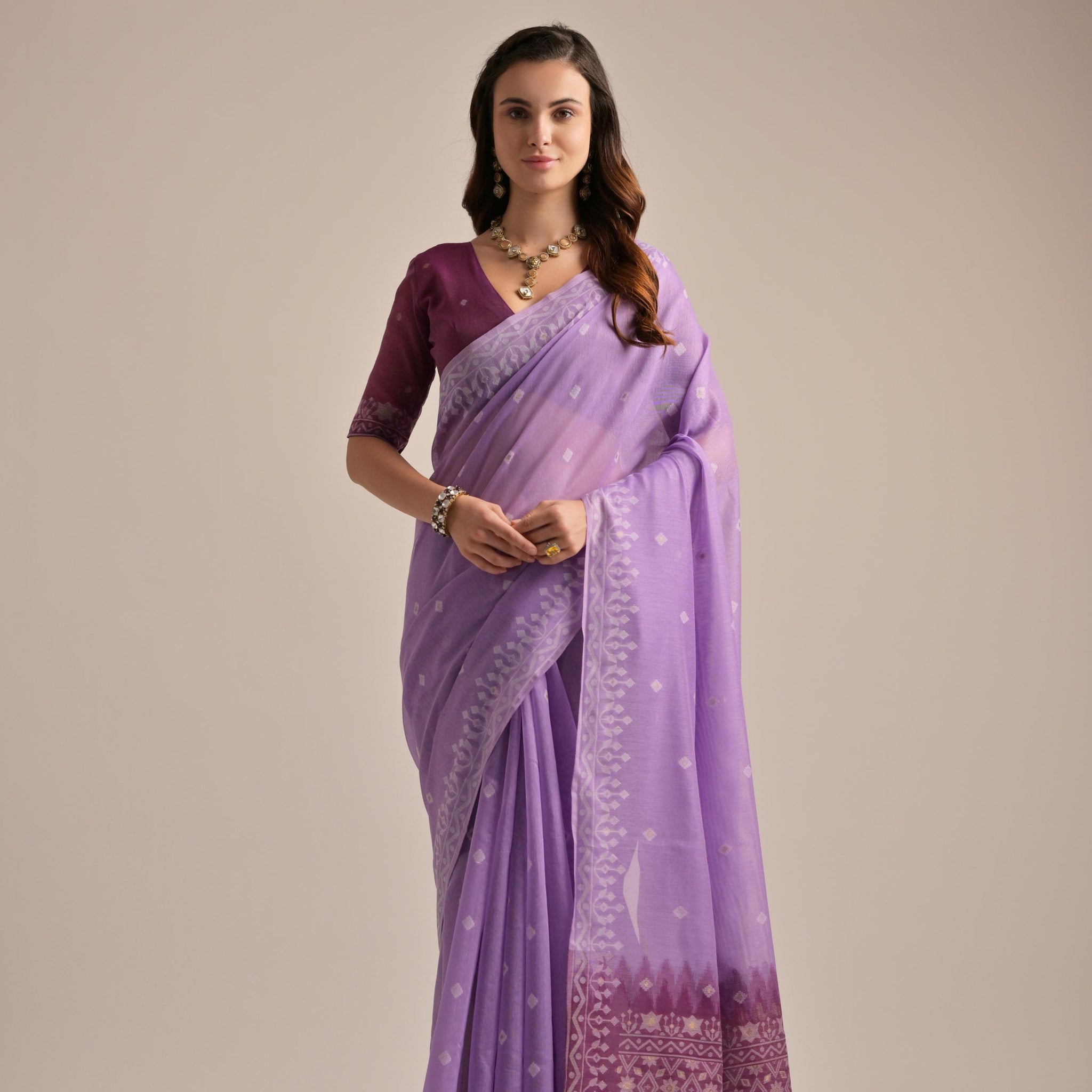 Premium Soft Jamdani Saree With Purple  Bloues Piecs