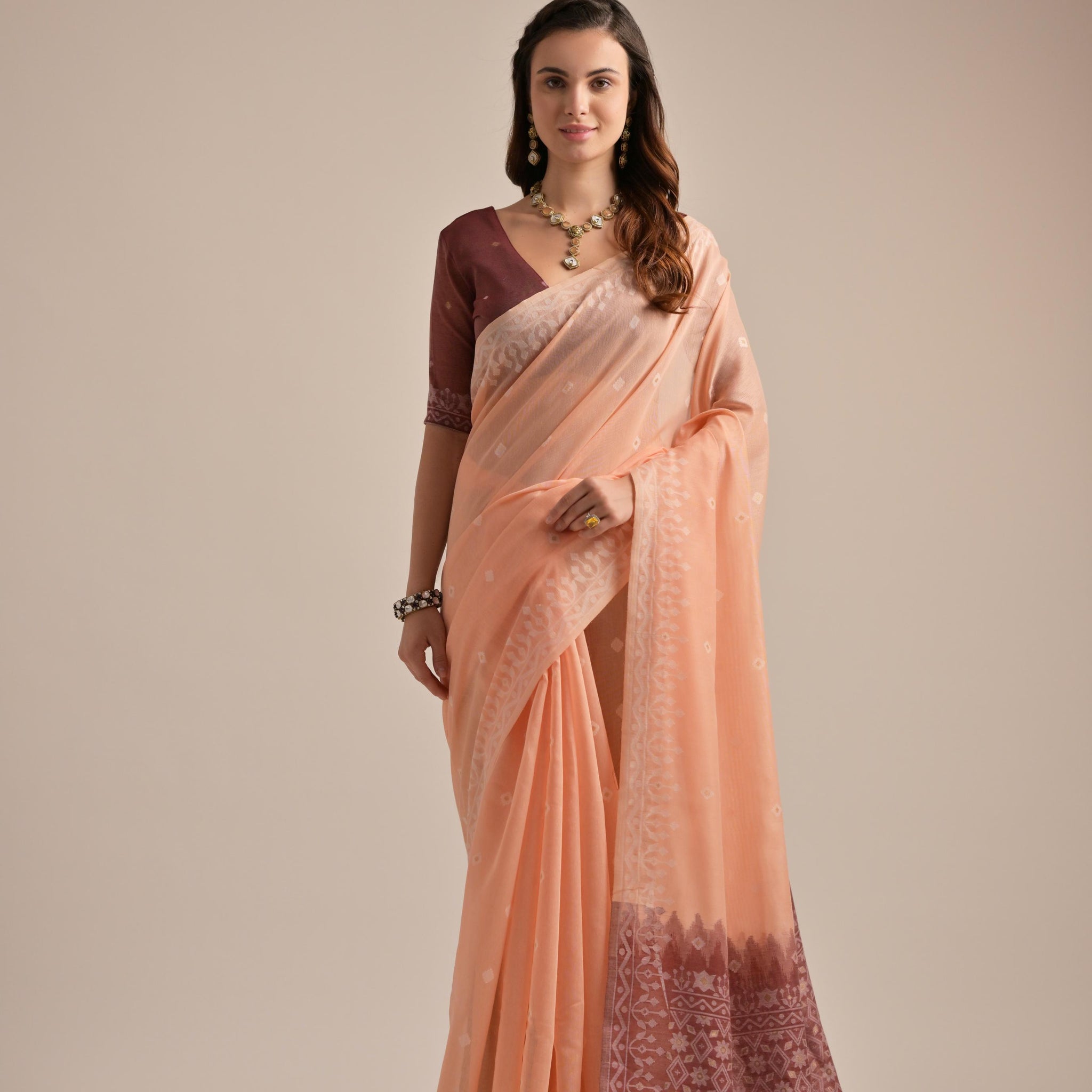 Premium Soft Jamdani  Peach Saree With Blouse Piece
