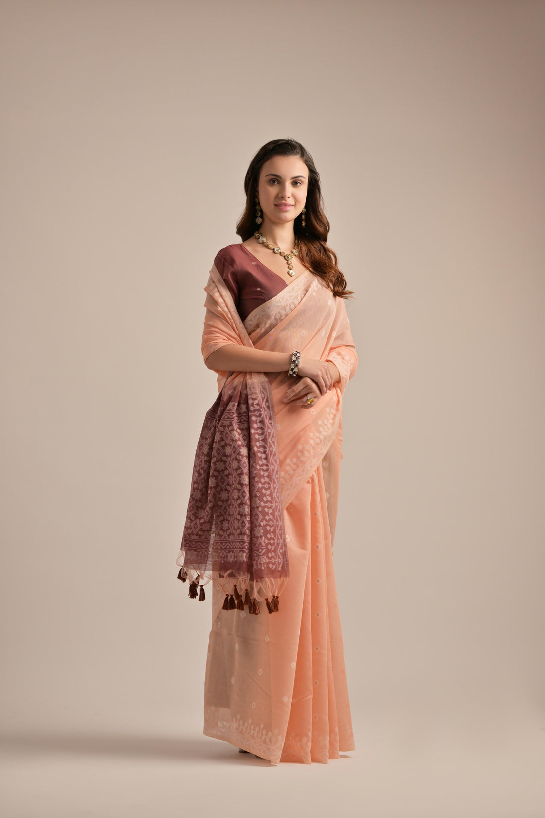 Premium Soft Jamdani  Peach Saree With Blouse Piece