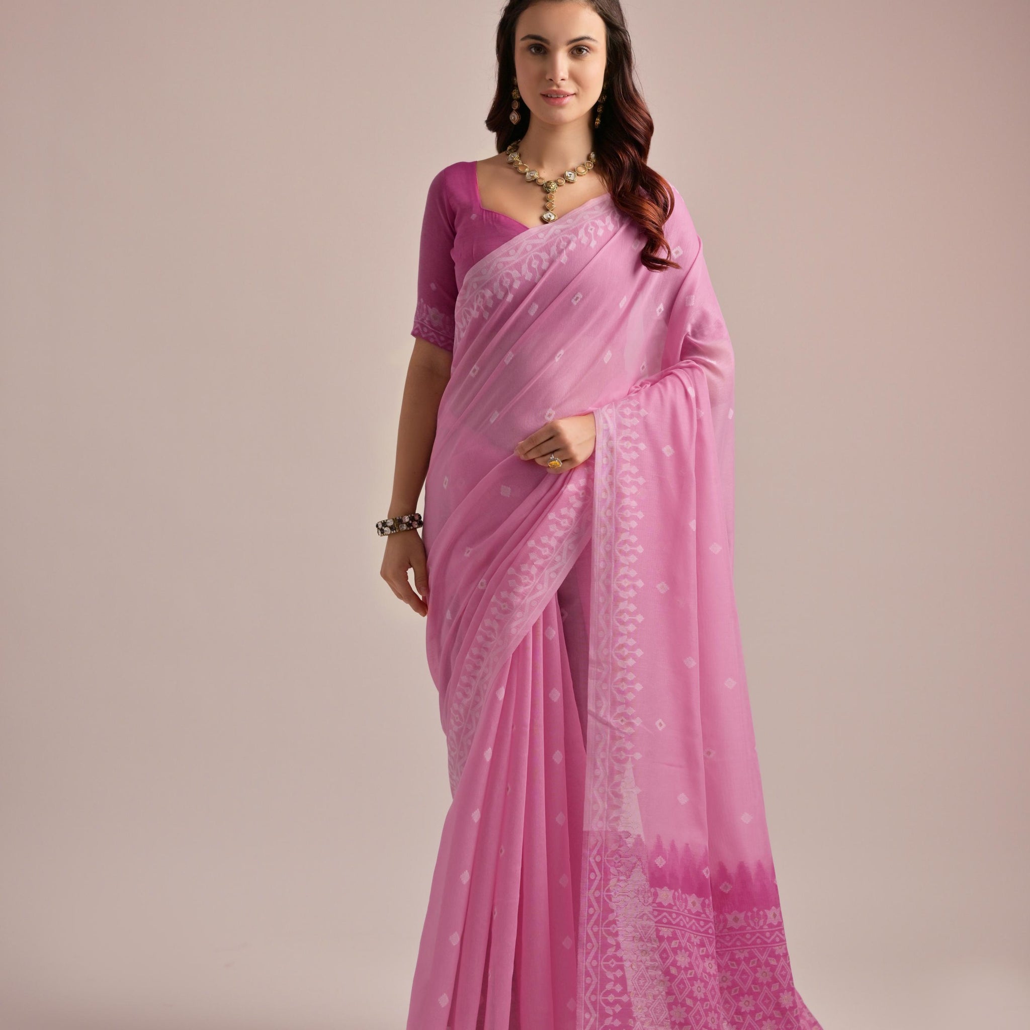 Premium Soft Jamdani Saree With Pink Bloues Piecs