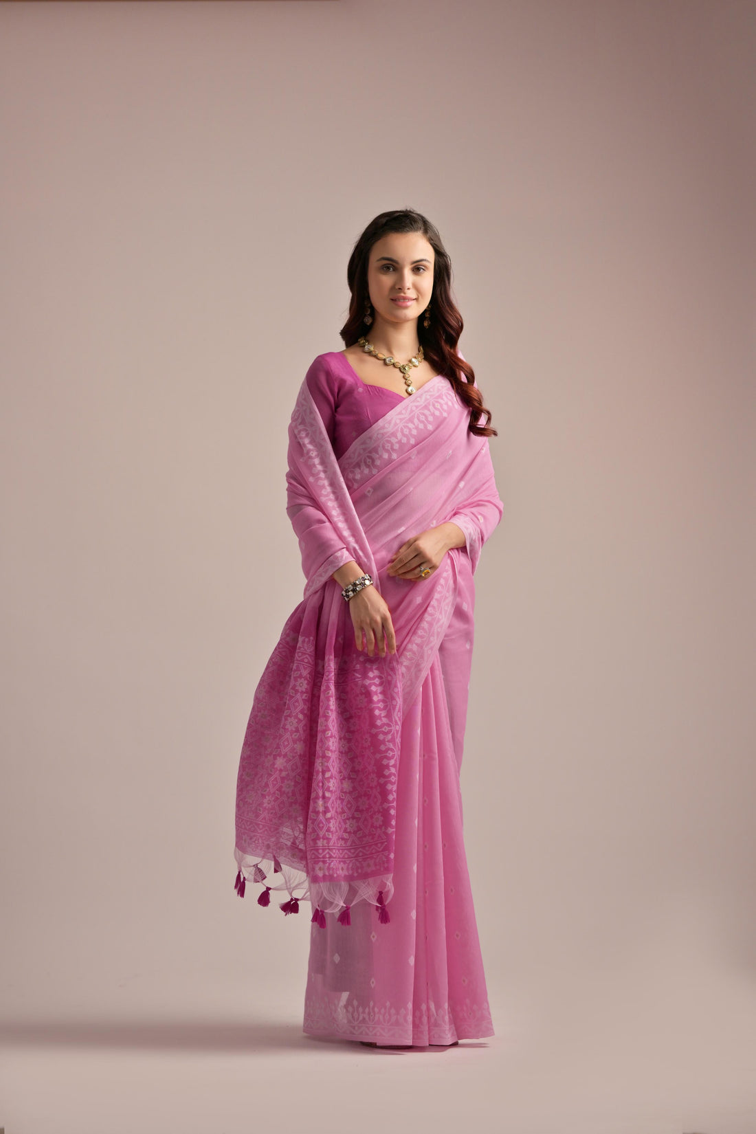 Premium Soft Jamdani Saree With Pink Bloues Piecs