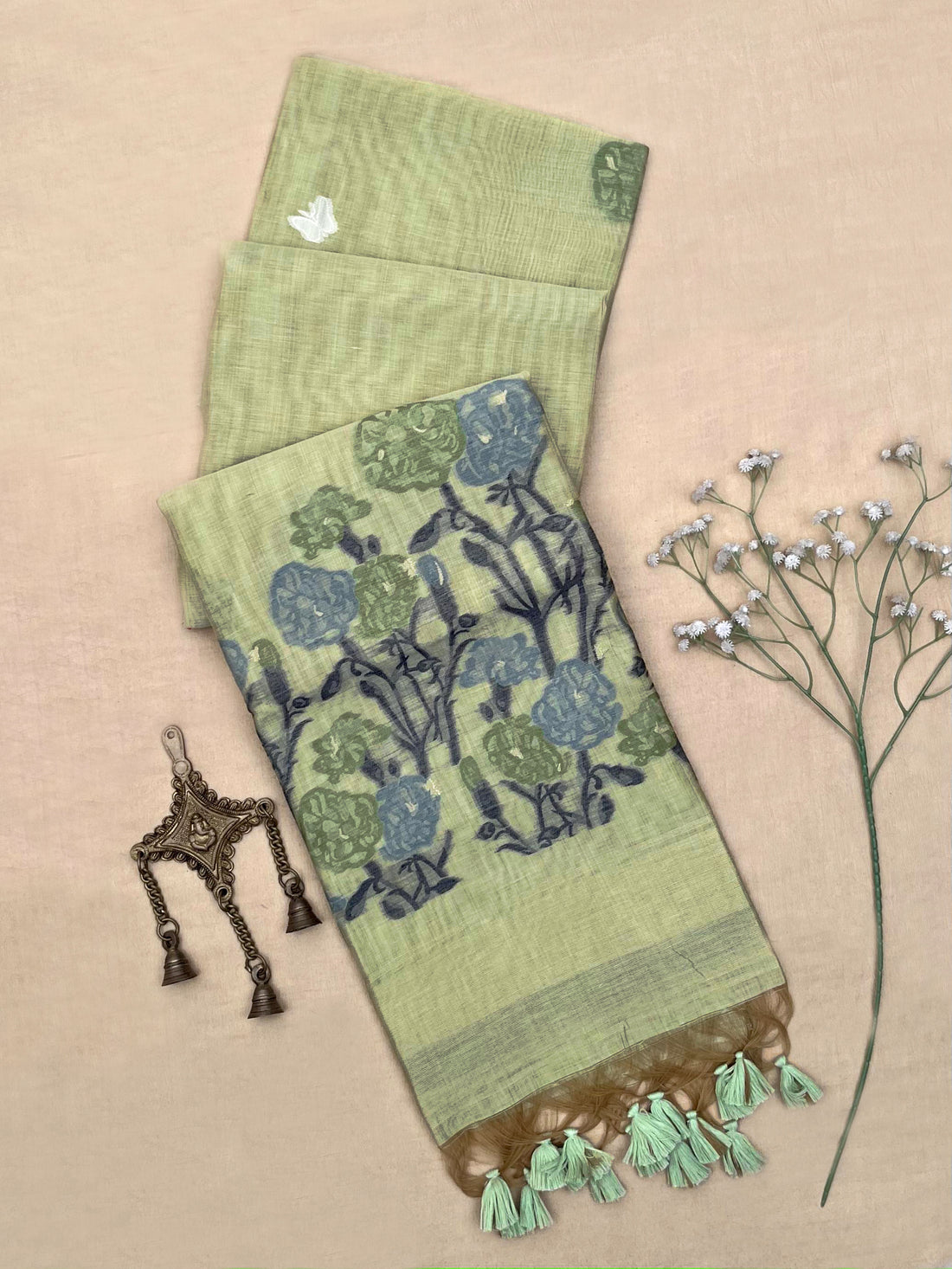 Premium Soft Muga Cotton Pista Green Saree