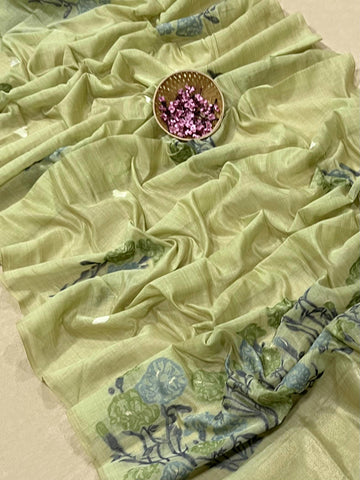 Premium Soft Muga Cotton Pista Green Saree
