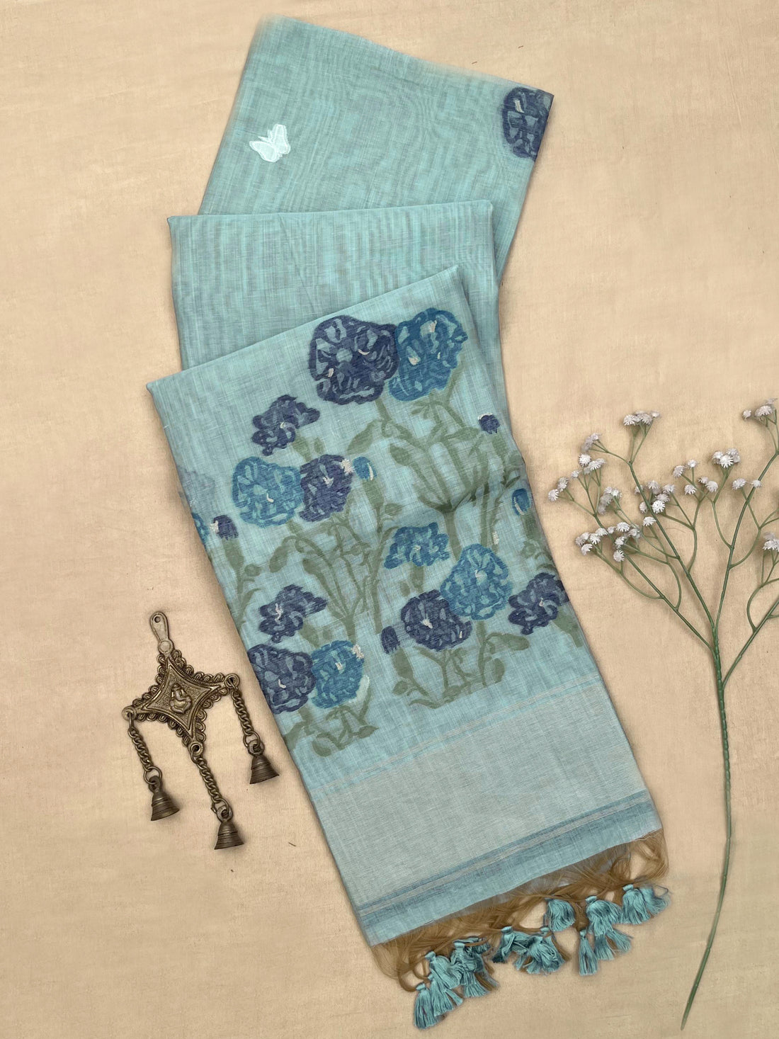 Premium Soft Muga Cotton Sky Blue Saree