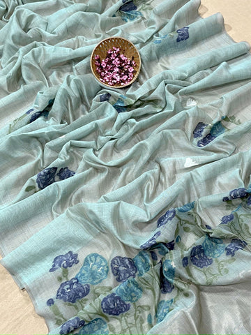 Premium Soft Muga Cotton Sky Blue Saree