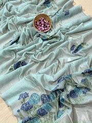 Premium Soft Muga Cotton Sky Blue Saree