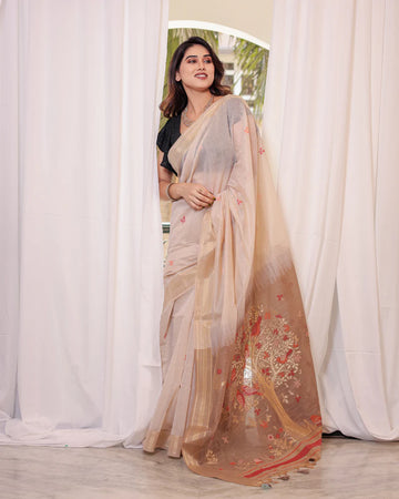 Premium Soft Muga Cotton White & Cheeku Saree