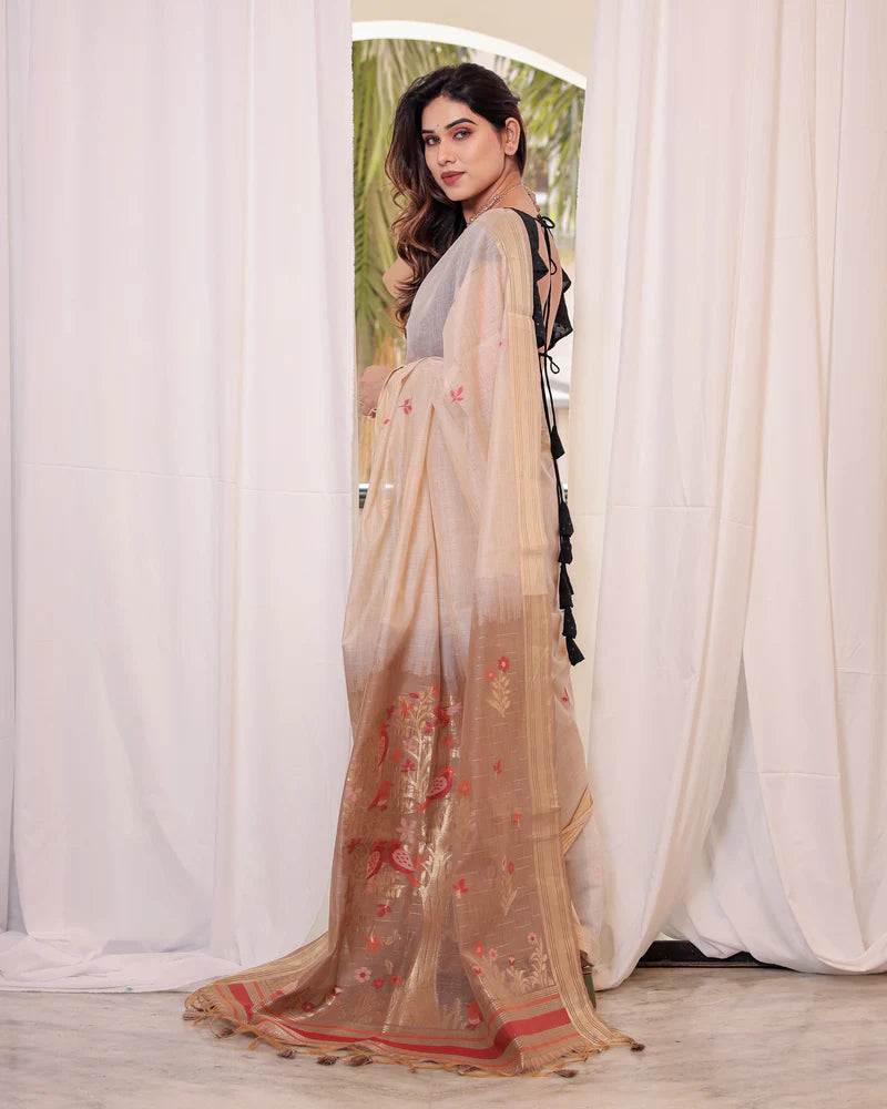 Premium Soft Muga Cotton White & Cheeku Saree
