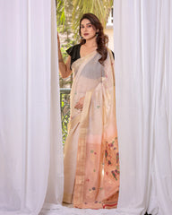 Premium Soft Muga Cotton White & Peach Saree