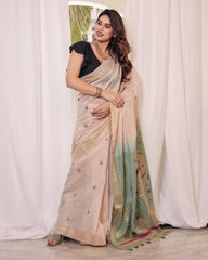 Premium Soft Muga Cotton White & Rama Saree