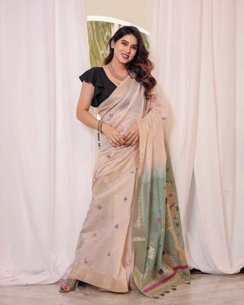 Premium Soft Muga Cotton White & Rama Saree