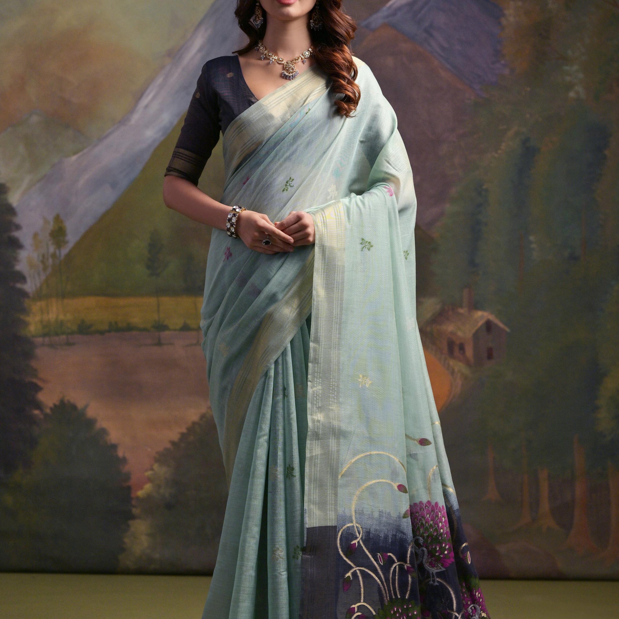 Premium Soft Muga Cotton Firozi Saree
