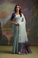 Premium Soft Muga Cotton Firozi Saree