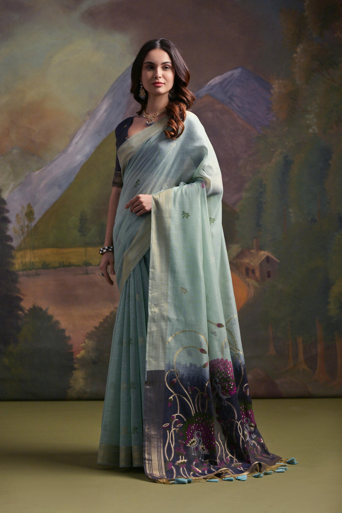 Premium Soft Muga Cotton Firozi Saree