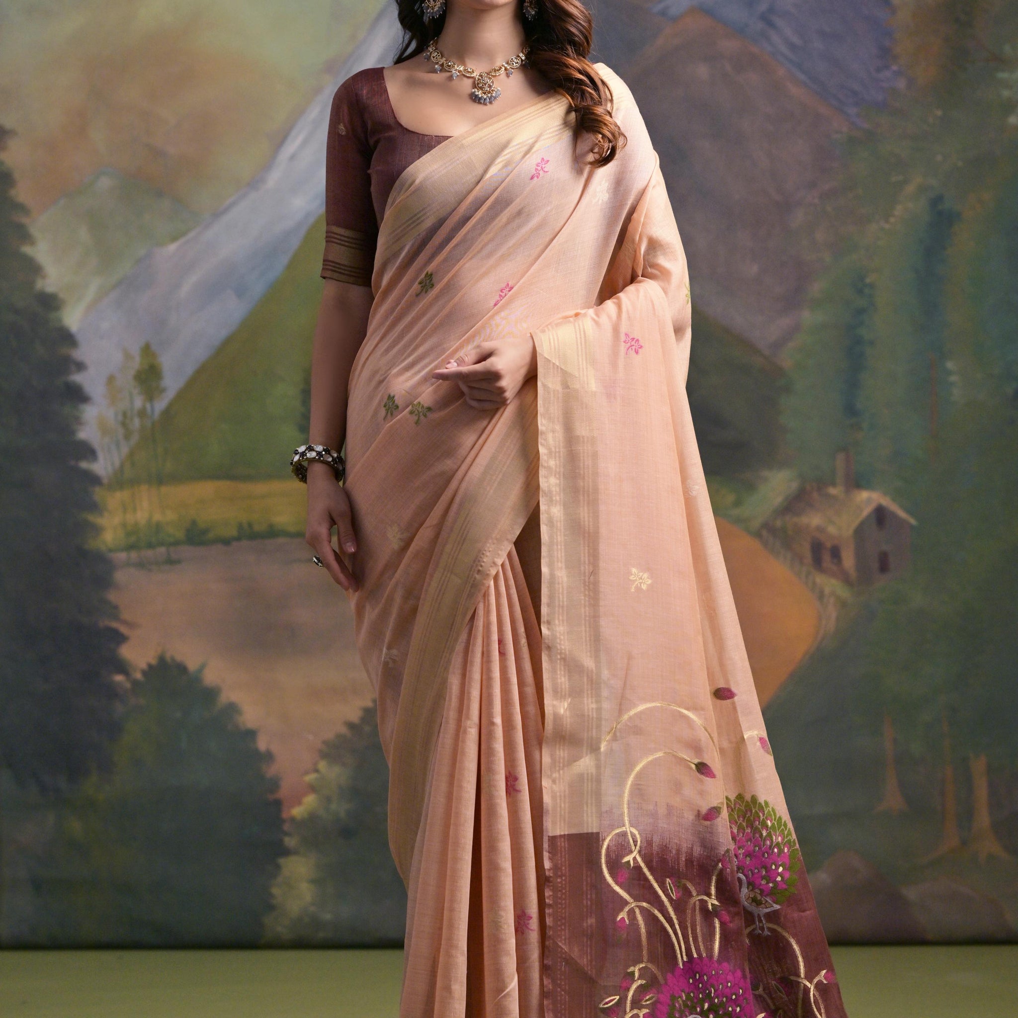 Premium Soft Muga Cotton Peach Saree