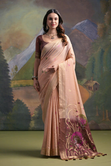 Premium Soft Muga Cotton Peach Saree