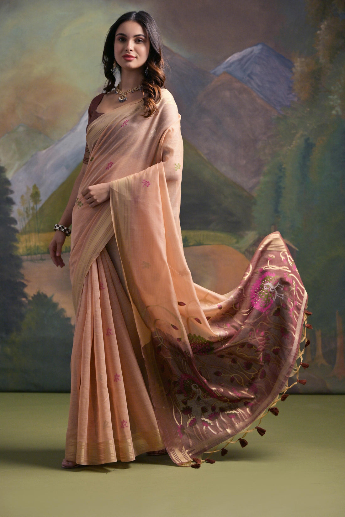 Premium Soft Muga Cotton Peach Saree
